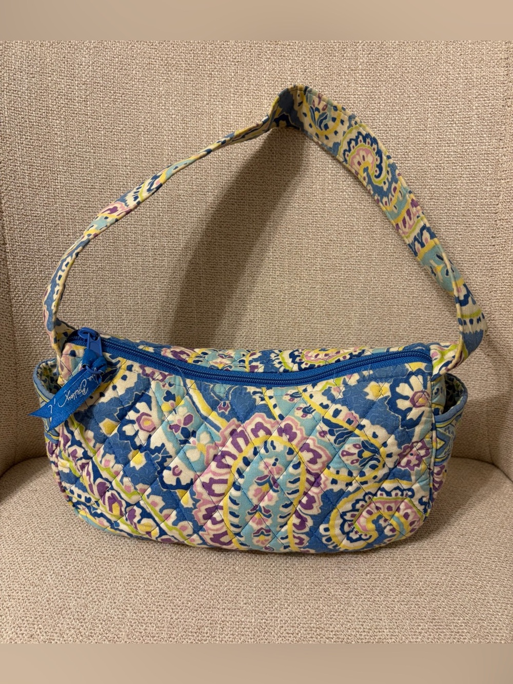 Vera Bradley Blue Quilted Paisley Shoulder Bag with Yellow & Purple Accents